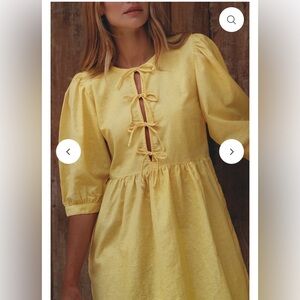 Bali elf Beatrice yellow Puff Sleeve Linen Mini Dress size medium.